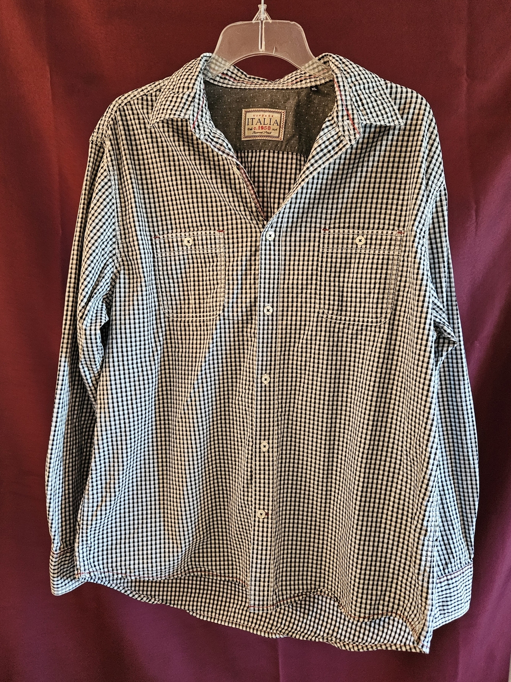 Mens Vintage Italia Black & White Gingham Button-Down Shirt XL